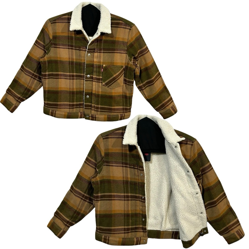 Levis Men's Plaid Sherpa Trucker Jacket Size M Brown Green Lined Classic Style